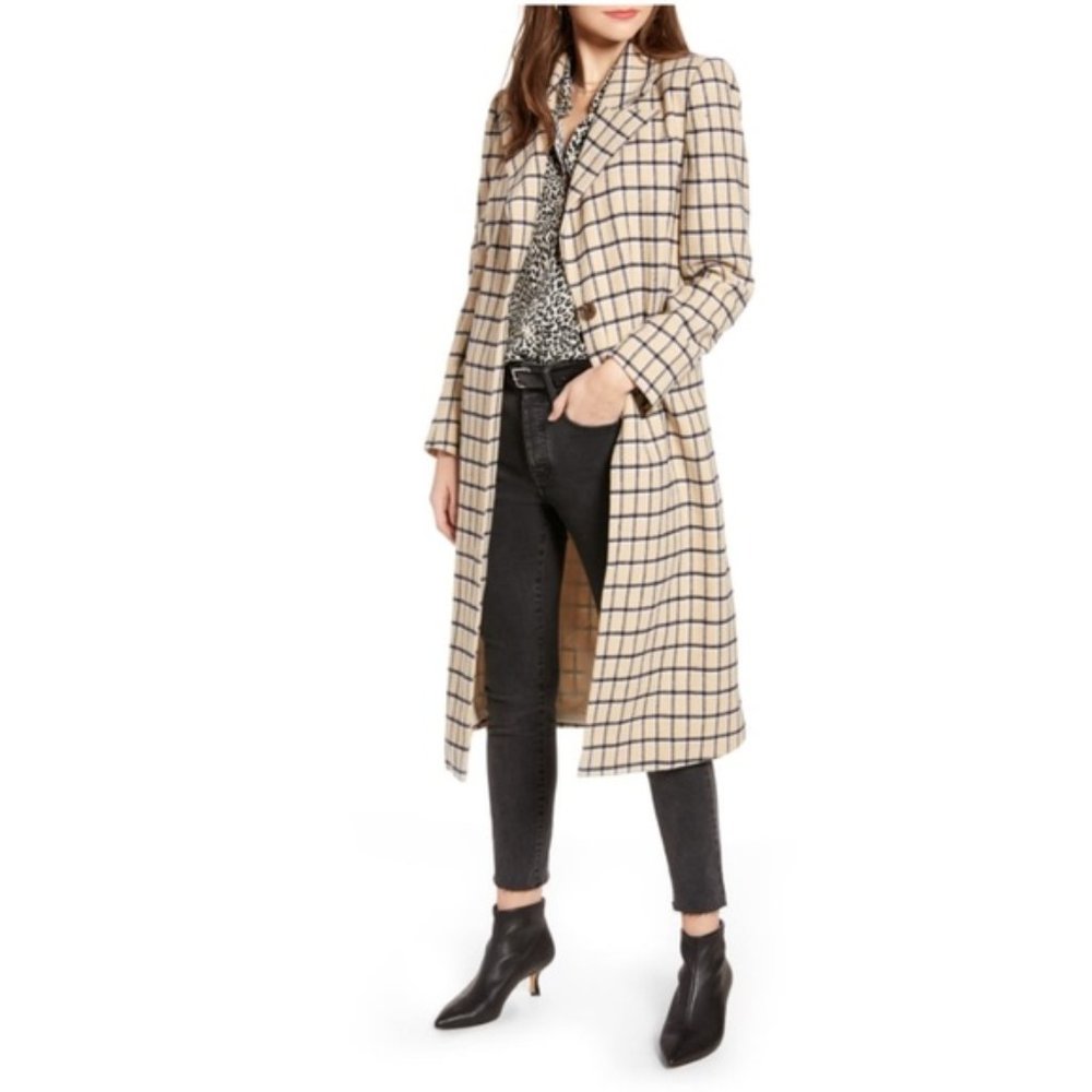 Something Navy Single Breasted Plaid Wool coat